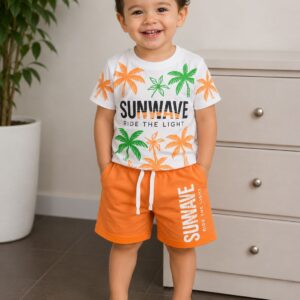 طقم صيفي أولادي SUNWAVE – تيشيرت بطبعة نخيل + شورت قطني